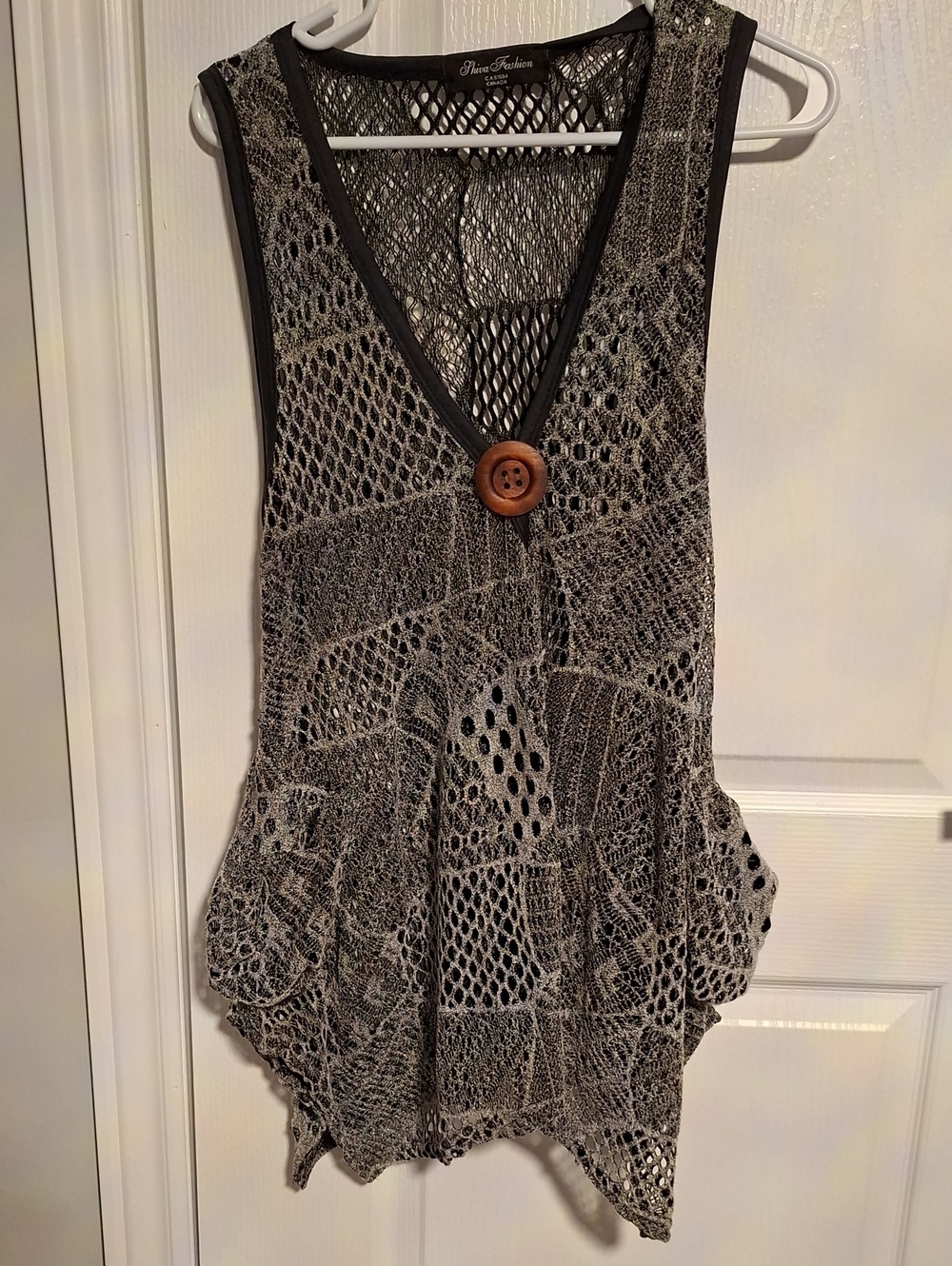 Fantasie Gray Crochet Knit V-Neck Tank with Wooden Button